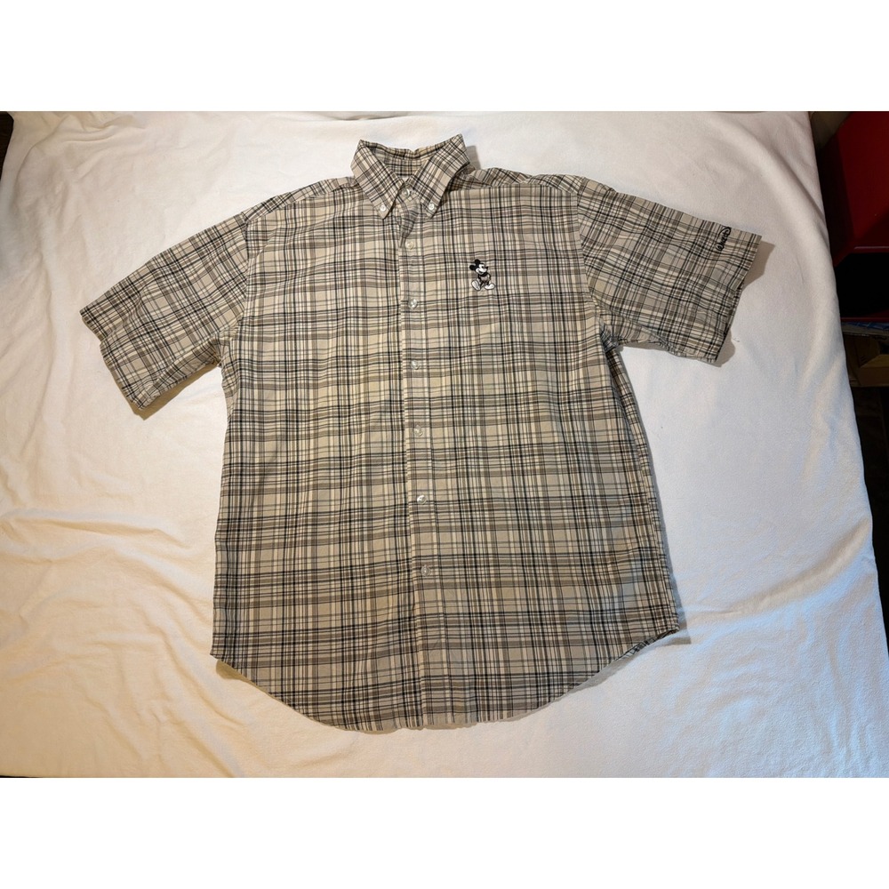 Walt Disney World Mickey Mouse Plaid Button Down Shirt Mens Medium Tan Brown